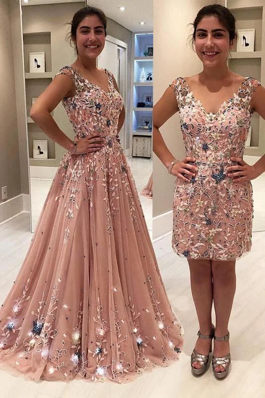 Blush Pink Tulle Beading Lace Appliques Prom Dresses Long Cheap Evening Dresses