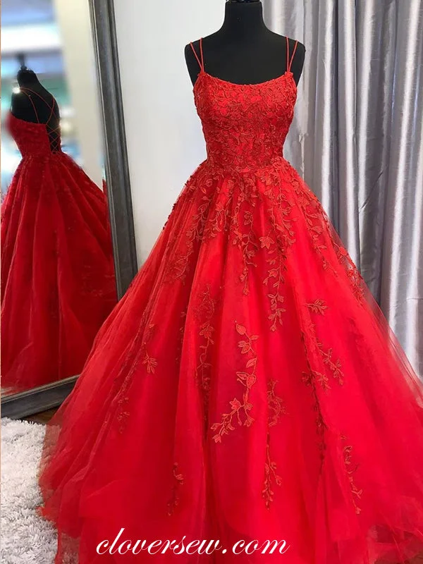 Popular Red Lace Applique Lace Up Back A-line Prom Dresses,CP0280