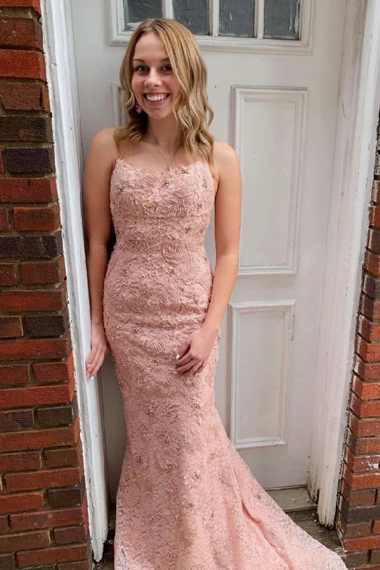 2022 spaghetti straps mermaid blush pink lace long prom dress    cg21521