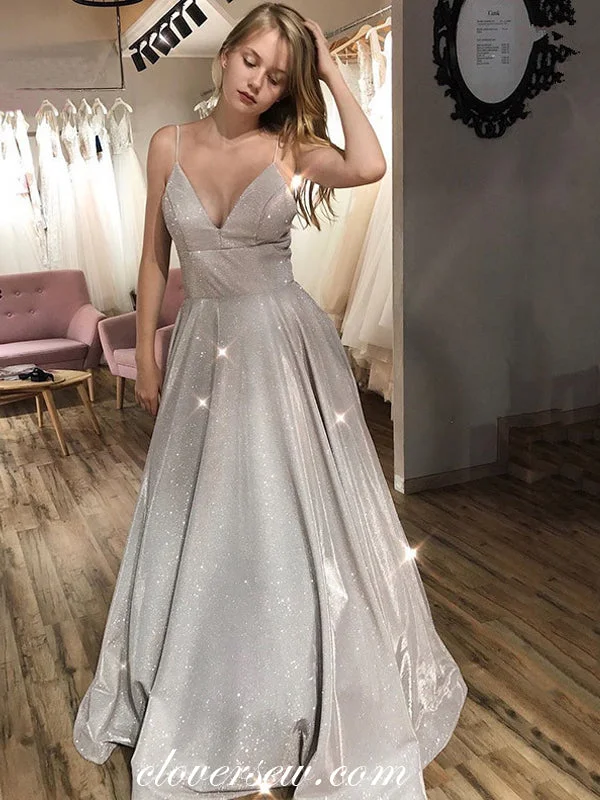 Shiny Satin Spaghetti Strap V-neck A-line Prom Dresses,CP0263