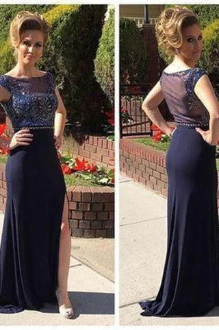 Cap Sleeve Navy Blue See Through Scoop Slit Long Custom Cheap Evening Dresses