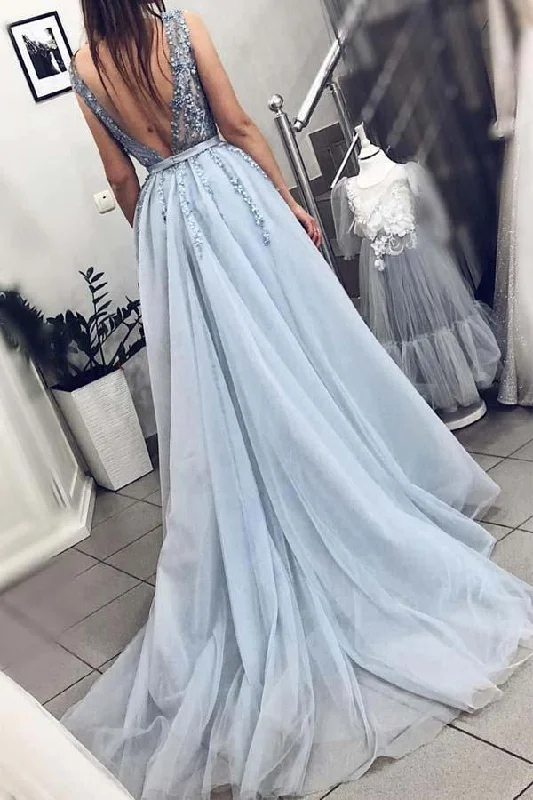 A Line V Neck Plunging Neck Powder Blue V Back Prom Dress with Beading Evening Dress