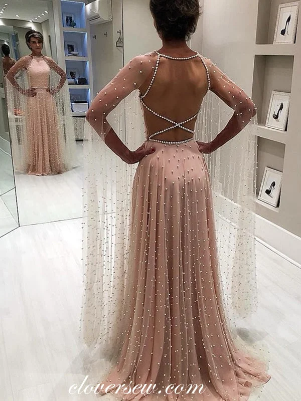 Blush Pink Beaded Tulle Long Sleeves A-line Prom Dresses,CP0248