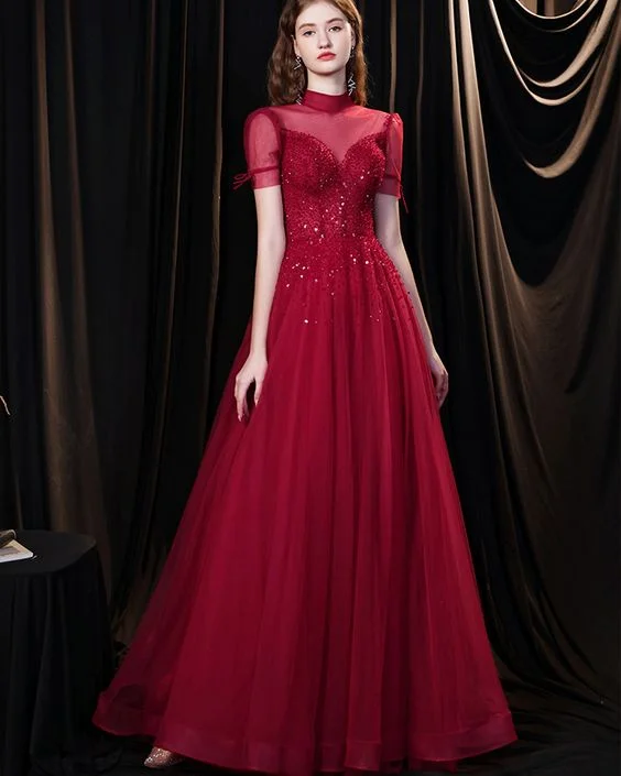 High Neck Burgundy Tulle Beading Evening Dress with Short Sleeves Prom Dress cg21394 High Neck Burgundy Tulle Beading Evening Dress with Short Sleeves Prom Dress cg21394
