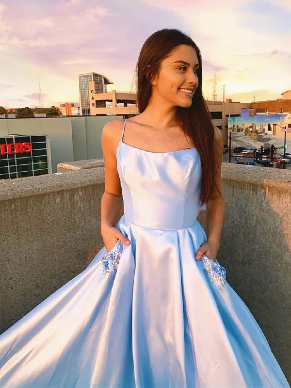 Backless Light Blue Long Prom Dresses with Pocket, Long Light Blue Formal Evening Dresses   cg21425