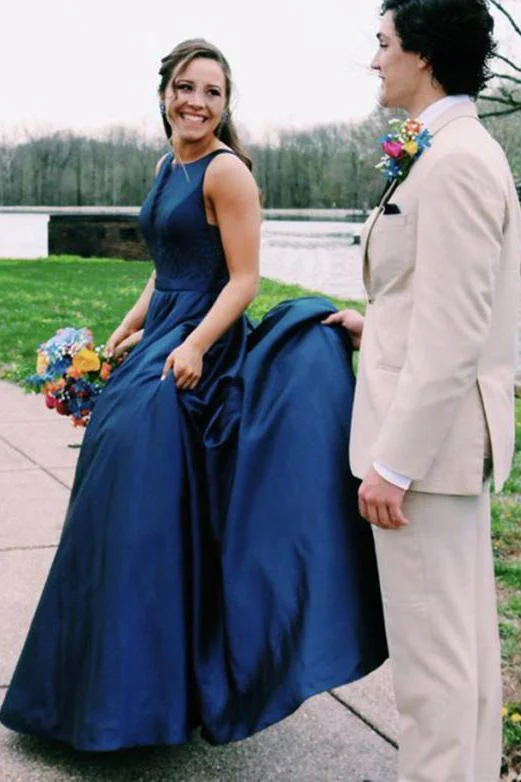A Line Jewel Sleeveless Prom Dresses Long Cheap Navy Blue Satin Backless Evening Dresses A Line Jewel Sleeveless Prom Dresses Long Cheap Navy Blue Satin Backless Evening Dresses