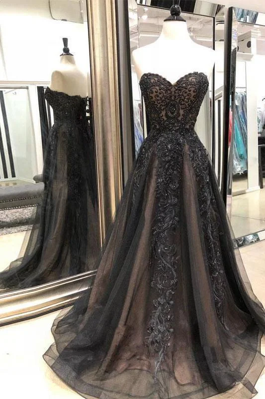 Black Sweetheart Tulle Lace Strapless Beads Prom Dresses with Lace up Evening Dresses Black Sweetheart Tulle Lace Strapless Beads Prom Dresses with Lace up Evening Dresses