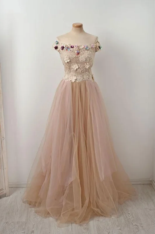 Unique champagne tulle lace applique long prom dress, champagne evening dress cg21628 Unique champagne tulle lace applique long prom dress, champagne evening dress cg21628