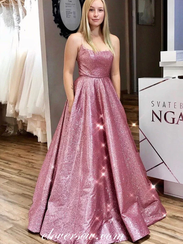 Rose Shiny Satin Spaghetti Strap Lace Up Back A-line Prom Dresses,CP0267