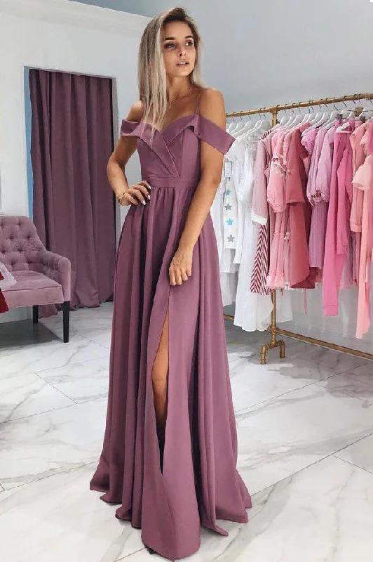 A Line Chiffon Off the Shoulder Prom Dresses Purple Side Slit Evening Dresses