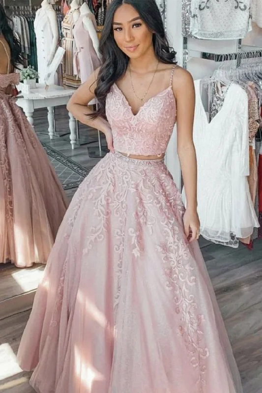 A Line V Neck Two Pieces Lace Appliques Pink Prom Dresses with Belt, 2 Pieces Pink Lace Formal Dresses, Lace Pink Evening Dresses cg21581 A Line V Neck Two Pieces Lace Appliques Pink Prom Dresses with Belt, 2 Pieces Pink Lace Formal Dresses, Lace Pink Evening Dresses cg21581
