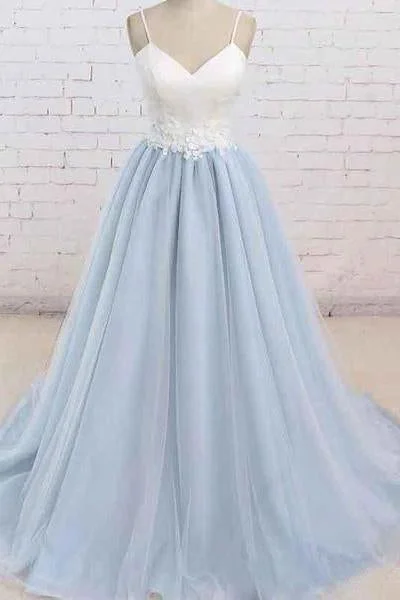 A Line Light Blue Spaghetti Straps Prom Dresses Sweetheart Long Evening Dresses