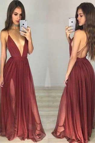 Burgundy Deep V-neck Sexy Spaghetti Straps A-Line Backless Tulle Evening Dresses