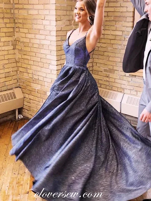 Navy Shiny Satin Spaghetti Strap A-line Prom Dresses,CP0268