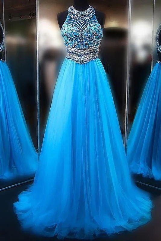 A line Blue Tulle Halter Beads Open Back Prom Dresses Long Evening Dresses
