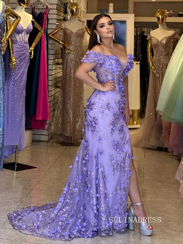 Chic Sheath/Column Off-the-shoulder Lavender Long Prom Dresses Elegant 3D Flower Evening Dress sew03346