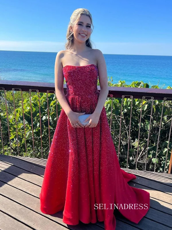 Chic A-line Strapless Glitter Long Prom Dresses Gorgeous Red Evening Dress SEW0200