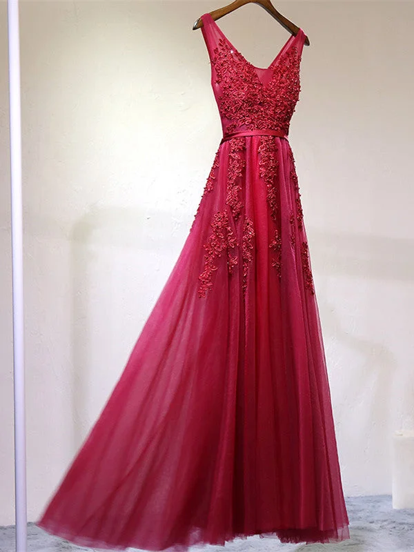 Red Appliques A-Line Floor-Length Scoop Lace up Cap Sleeve Beads Prom Dresses WK04