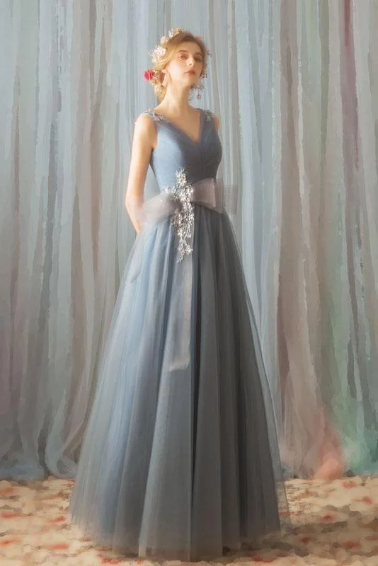 A Line Tulle V Neck Ruffles Prom Dresses Long Cheap Evening Dresses