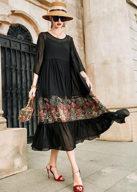 Style Black O Neck Embroideried Patchwork Silk Dress Bracelet Sleeve
