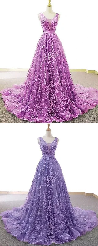 Light Purple V-neck Lace A-line Prom Dress    cg21609