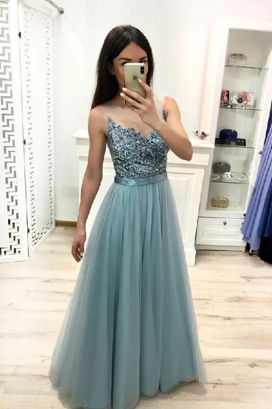 A Line Tulle Blue Floor Length Prom Dresses Beaded Long Evening Graduation Dresses