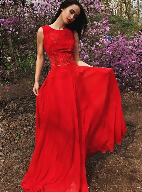 Two Piece Round Neck Red Chiffon Prom Dress with Appliques,A Line Formal Evening dress cg21449 Two Piece Round Neck Red Chiffon Prom Dress with Appliques,A Line Formal Evening dress cg21449