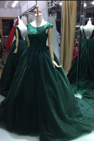 A-line Green Lace Appliques Ball Gown V-back Evening Dresses Prom Dresses