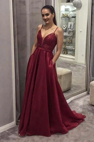 A Line Spaghetti Straps V Neck Burgundy Prom Dresses With Pockets Evening Dress