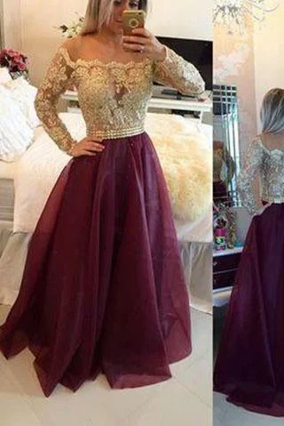 Burgundy Princess Lace Bodice Long Sleeves A-Line Organza Dark Red Evening Dresses