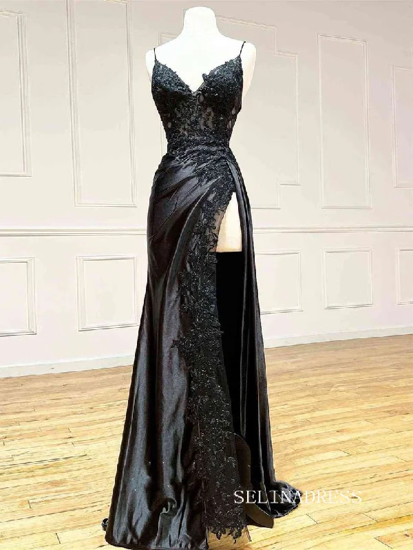 Chic Spaghetti Straps Black Long Prom Dresses Gorgeous Lace Evening Dress sew0305