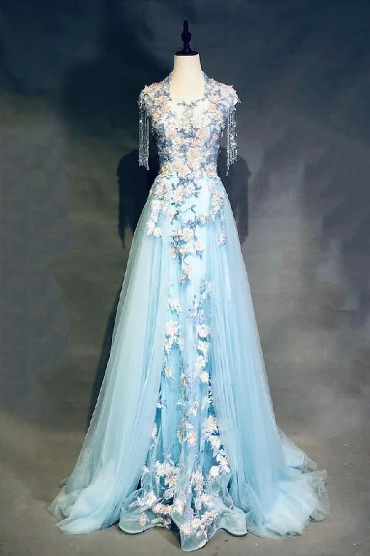 Cap Sleeve Blue Long Tulle Prom Dresses with Flowers Beads Zipper Evening Dresses