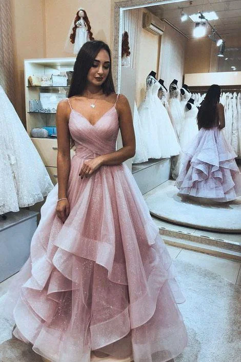 A Line Spaghetti Straps Pink V Neck Backless Prom Dresses Long Evening Dresses