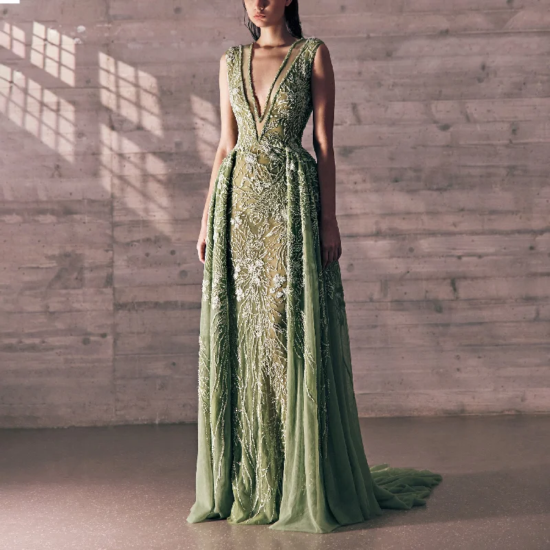 Twigs And Leaves Embroidered Shimmery Green Tulle Dress