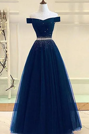 A Line Off the Shoulder Tulle Dark Blue Beads Prom Dresses Long Cheap Evening Dress