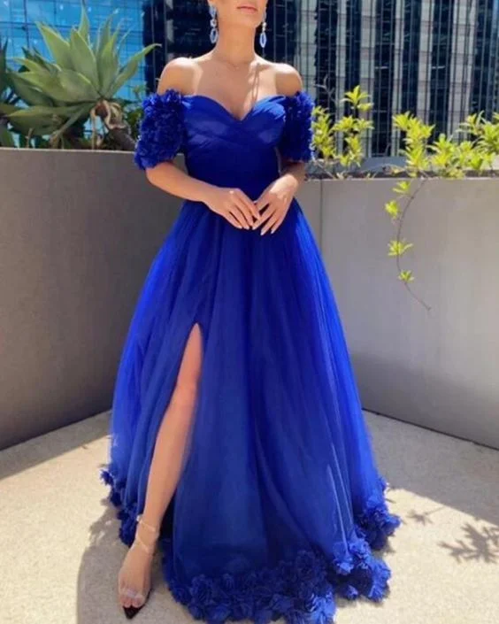Beautiful Off the Shoulder Short Sleeves Royal Blue Long Prom Dresses with Handmade Flowers cg21704 Beautiful Off the Shoulder Short Sleeves Royal Blue Long Prom Dresses with Handmade Flowers cg21704