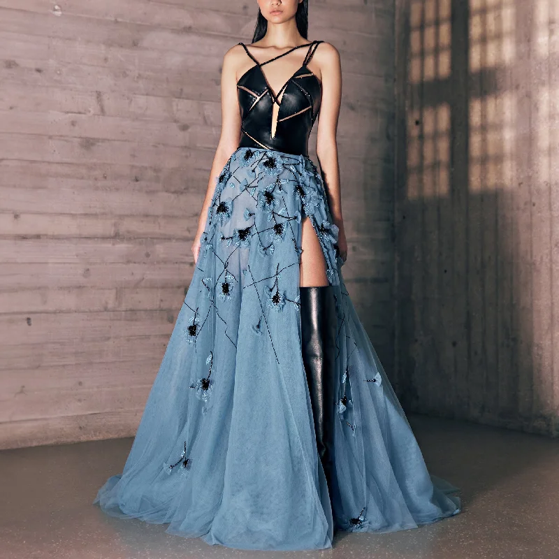 Floral Embroidered Turquoise Blue Tulle Dress