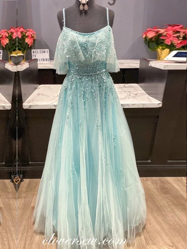Blue Tulle Bead Off The Shoulder A-line Prom Dresses, CP0272
