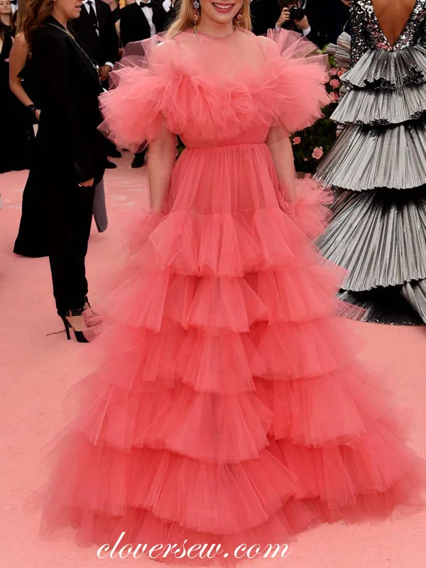 Watermelon Red Tulle Ruffles Tiered A-line Prom Dresses,CP0209