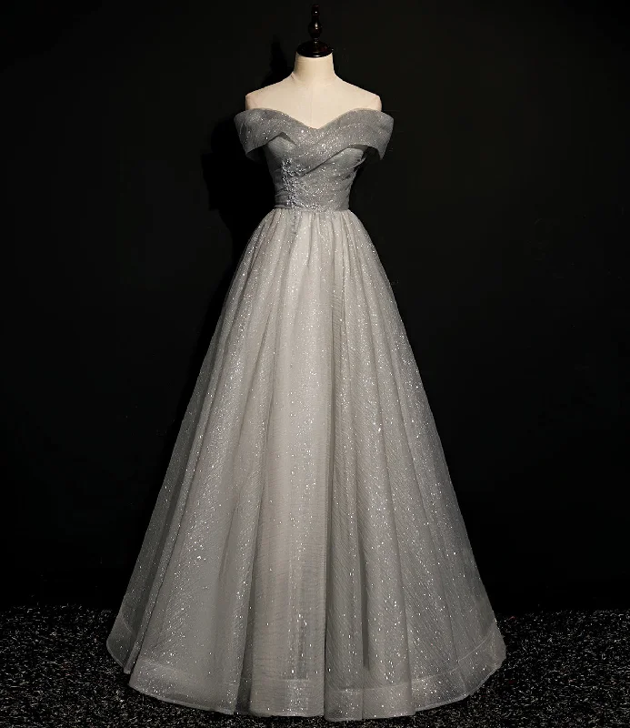 GRAY TULLE SEQUINS LONG A LINE PROM DRESS EVENING DRESS    cg21556