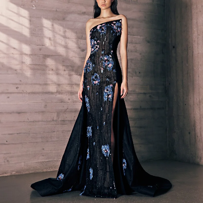Flowers Embroidered Black Tulle Dress