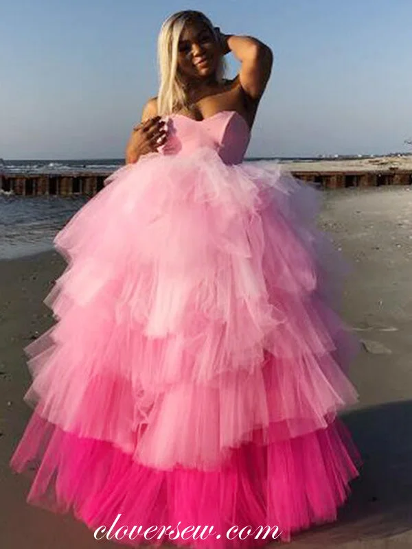 Pink Gradient Tiered Tulle Strapless Ball Gown Prom Dresses,CP0210