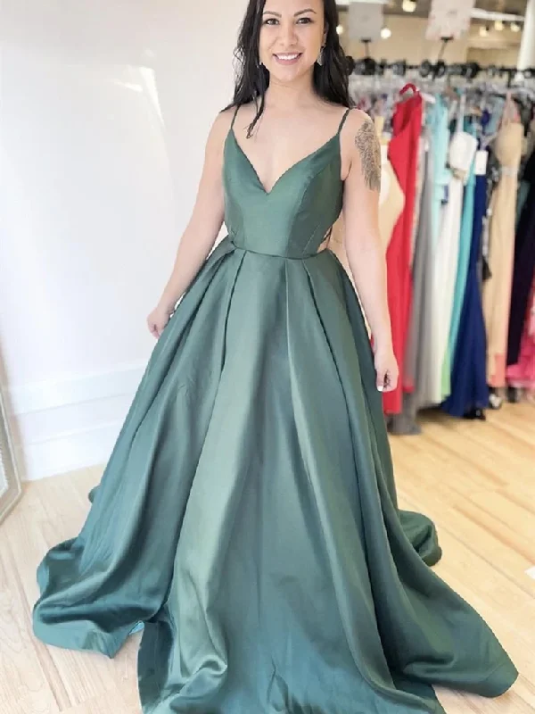 A Line V Neck Backless Green Satin Long Prom Dresses, Open Back Green Formal Dresses, Green Evening Dresses cg21567 A Line V Neck Backless Green Satin Long Prom Dresses, Open Back Green Formal Dresses, Green Evening Dresses cg21567
