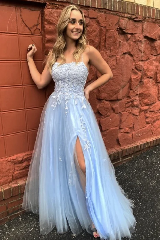 A Line Thin Strap Light Blue Lace Long Prom Dress with Slit, Light Blue Lace Formal Evening Dress cg21435 A Line Thin Strap Light Blue Lace Long Prom Dress with Slit, Light Blue Lace Formal Evening Dress cg21435