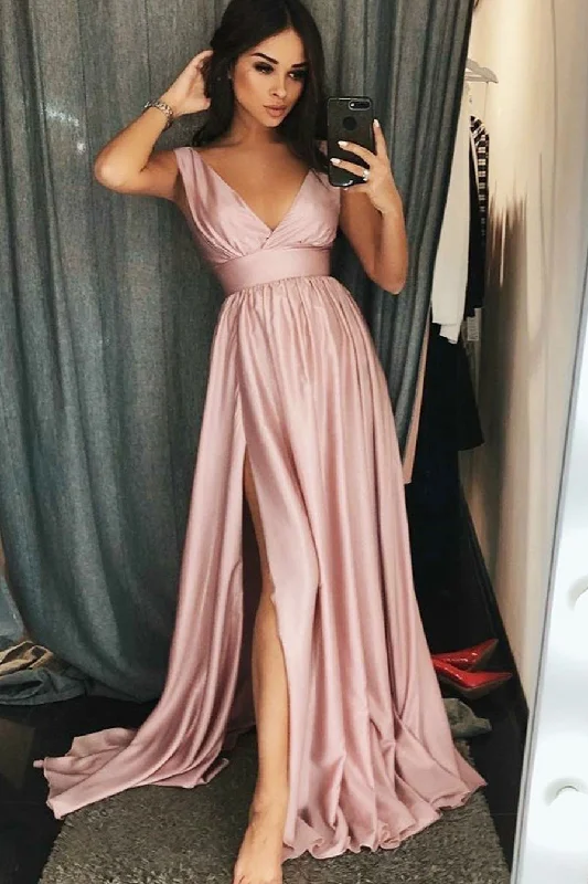 A Line V Neck Ruffles Prom Dresses with High Slit Long Cheap Evening Dresses