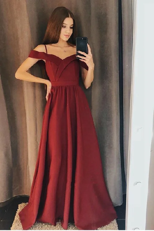 A line Burgundy Cold Shoulder Sweetheart Prom Dresses Satin Long Evening Dresses
