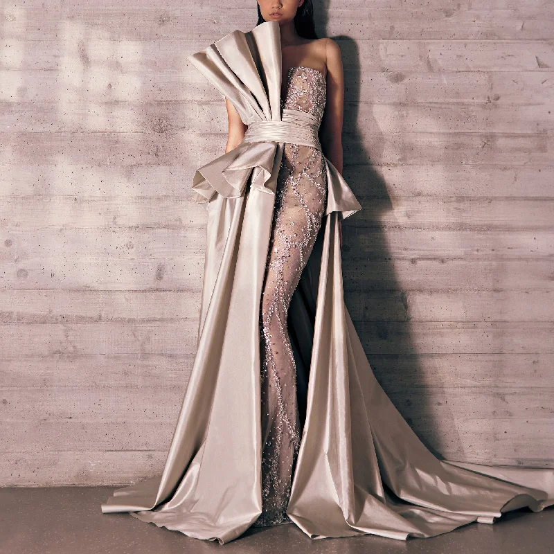 Silver Shimmers Embroidered Asymmetric Tulle Dress