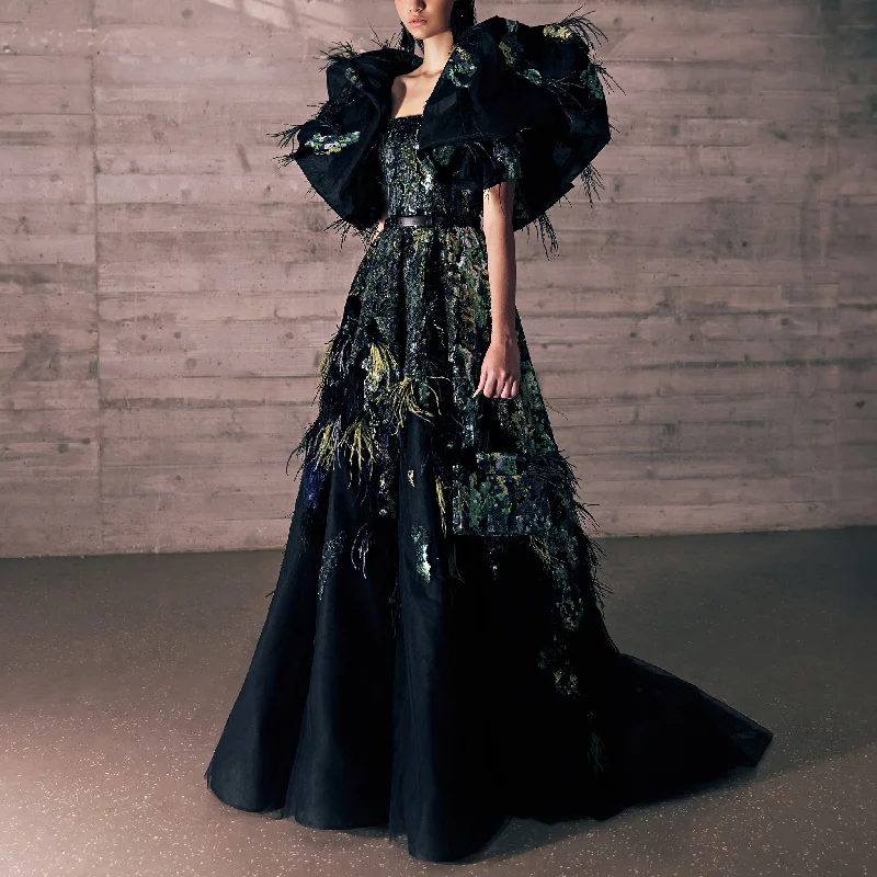 Midnight Lights Embroidered Black Tulle Strapless Dress