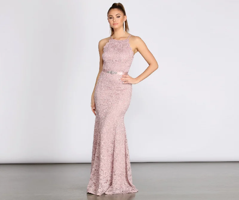 Rosella Lace Scallop Rhinestone Graceful Ribbon Belt Mermaid Dress