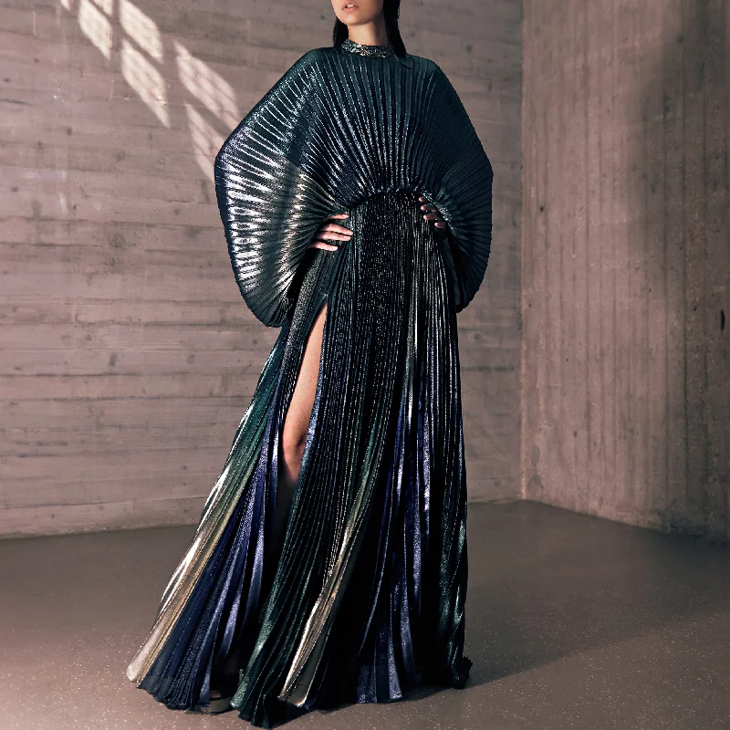 Midnight Blue Shadows Of Bronze And Leafy Green Pleated Georgette Irise Dress
